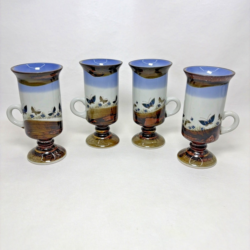 Set Of 4 Vintage Otagiri Japan Stoneware Pedestal Coffee Mugs Blue Butterfly HTF